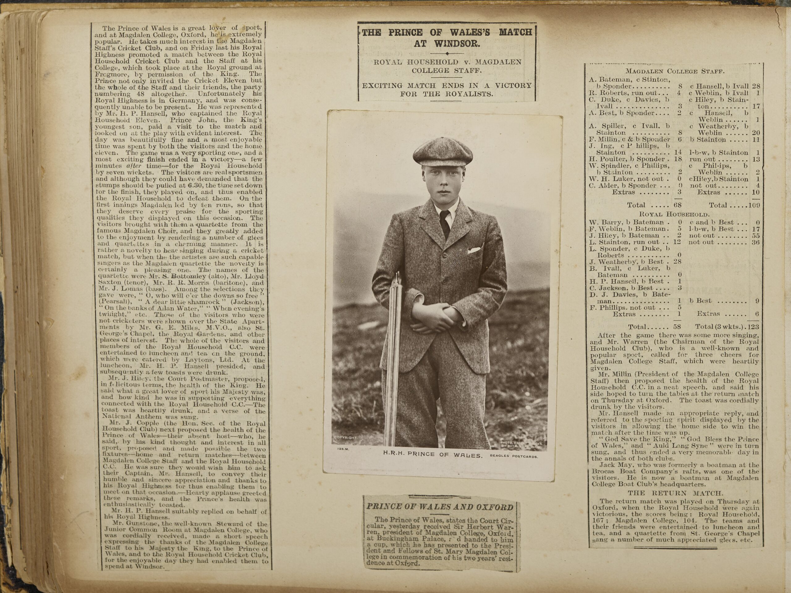Page from scrapbook compiled by Richard Gunstone (known as 'Gunner'), featuring a newspaper clipping about a cricket match between the servants of Magdalen College and the Royal Household Cricket Club. The match was hosted at Frogmore by Prince Edward, the future King Edward VIII.
