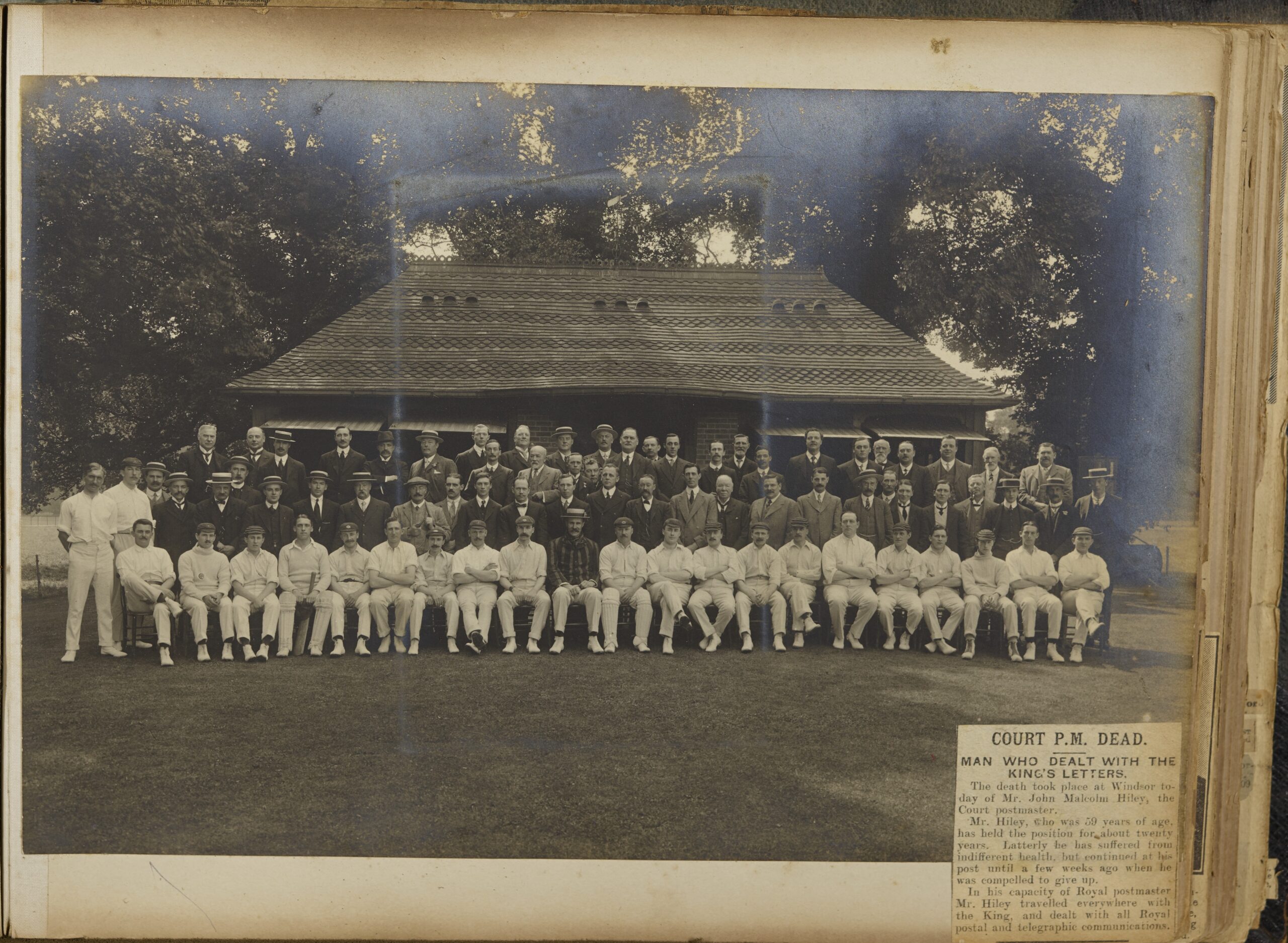 Page from scrapbook compiled by Richard Gunstone (known as 'Gunner'), featuring a photograph taken at a cricket match between the servants of Magdalen College and the Royal Household Cricket Club. The match was hosted at Frogmore by Prince Edward, the future King Edward VIII.