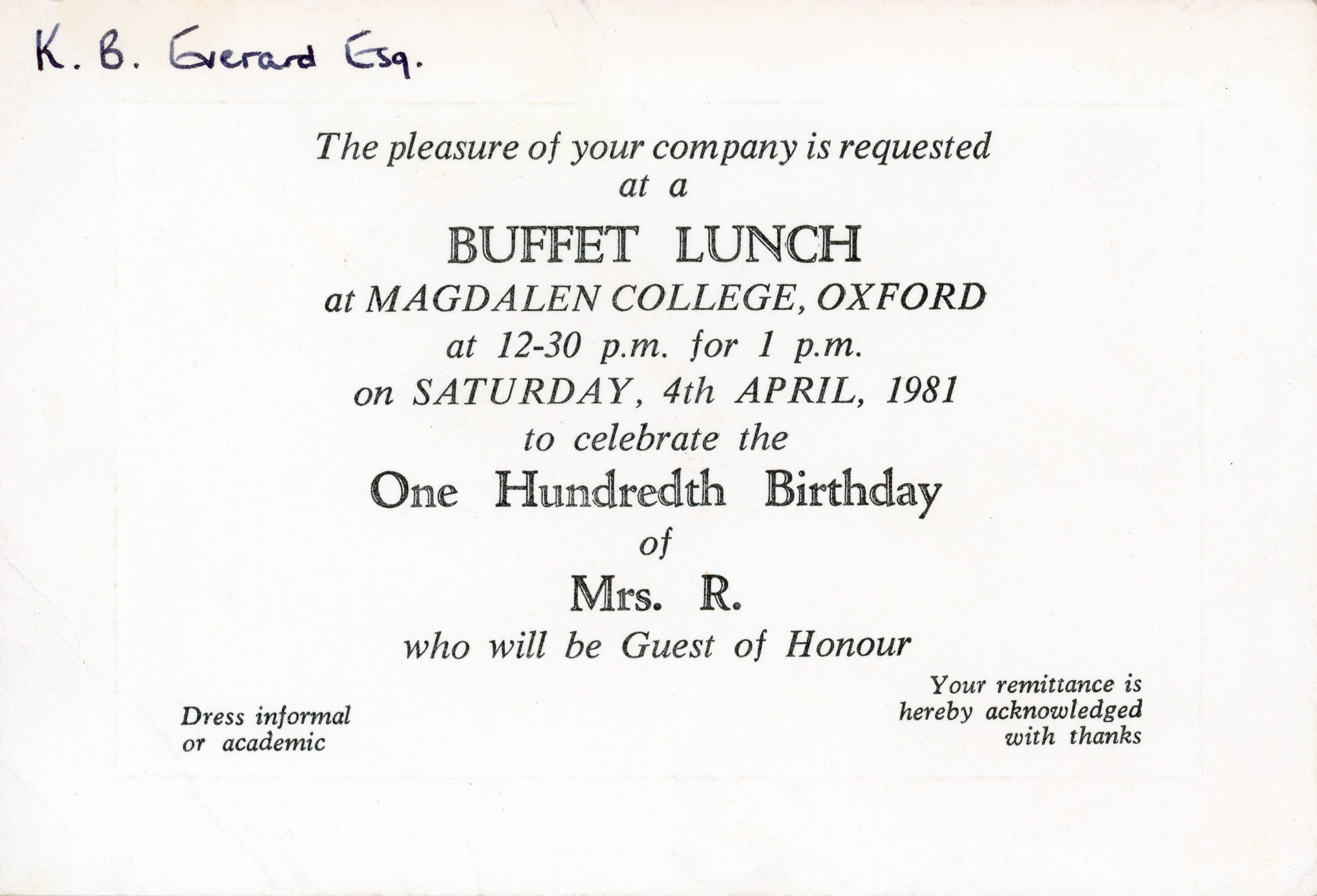 Printed invitation card for the 100th birthday party of Eleanor Richardson, retired landlady of Magdalen College student accommodation at 159 Iffley Road, on Saturday 4 April 1981.