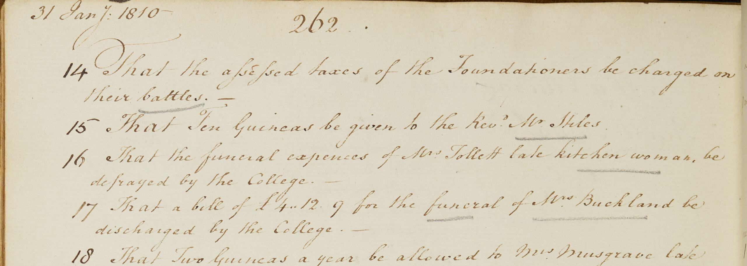 Magdalen College Acta showing that the Governing Body agreed to pay the funeral expenses of a member of staff, the late Mrs Tollett, at a meeting held on 31 January 1810.