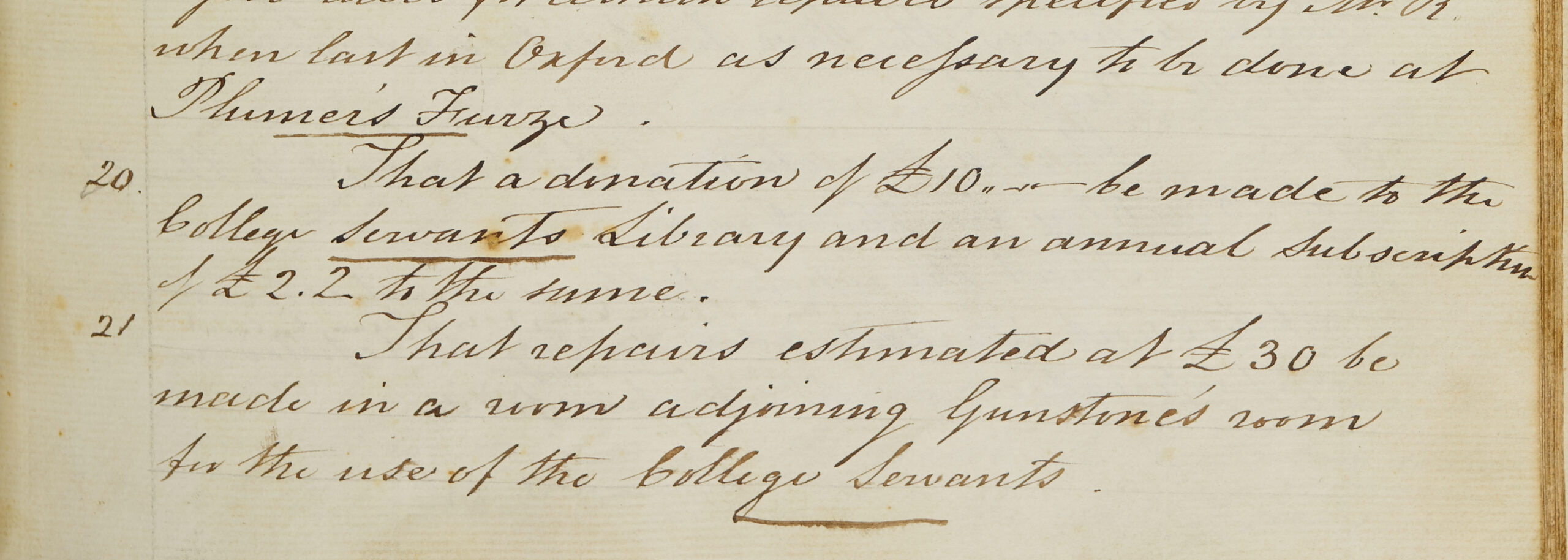 Magdalen College Acta showing that the Governing Body agreed to pay £10 towards the cost of a servants' library.