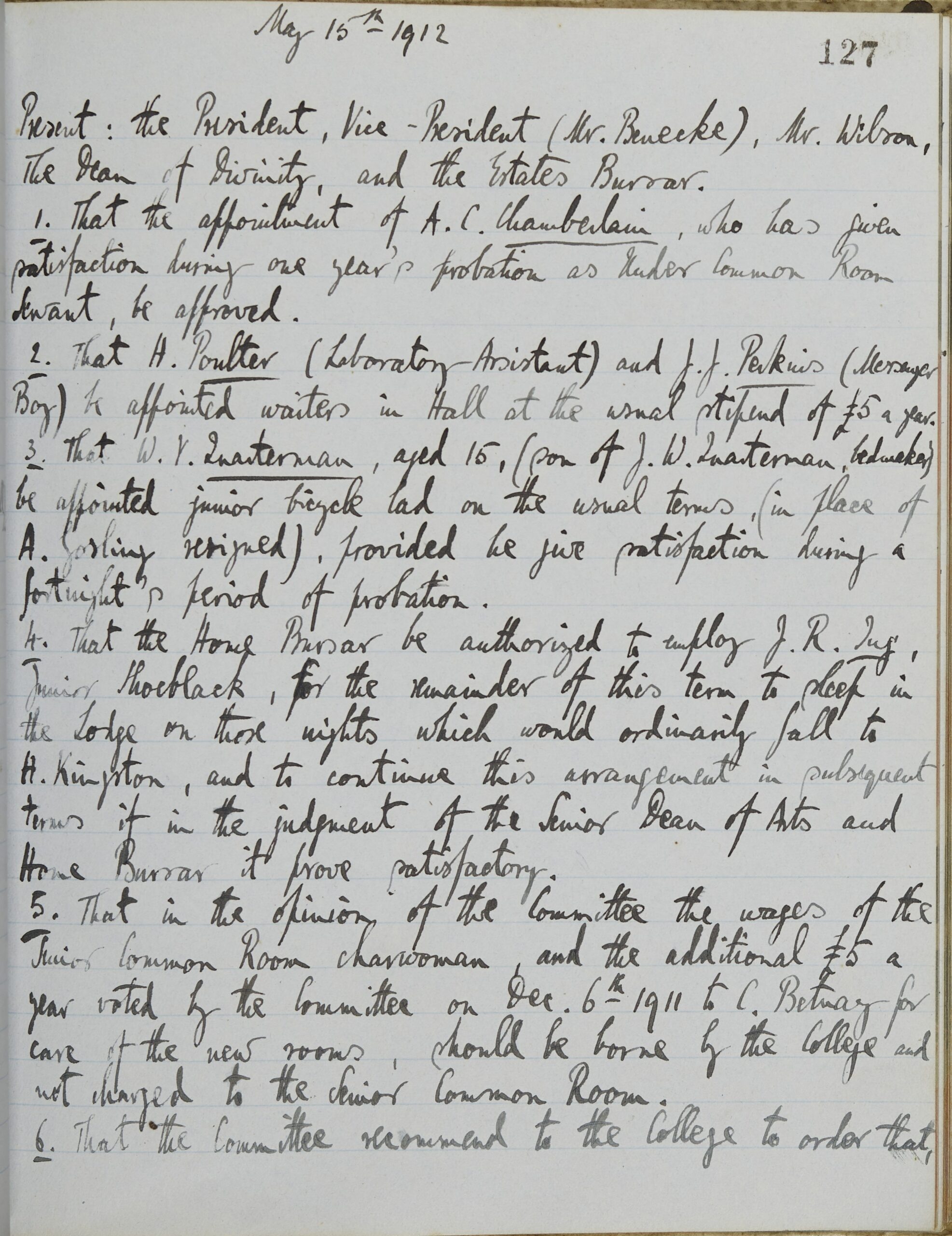 Handwritten page from Magdalen College Servants Committee minute book.