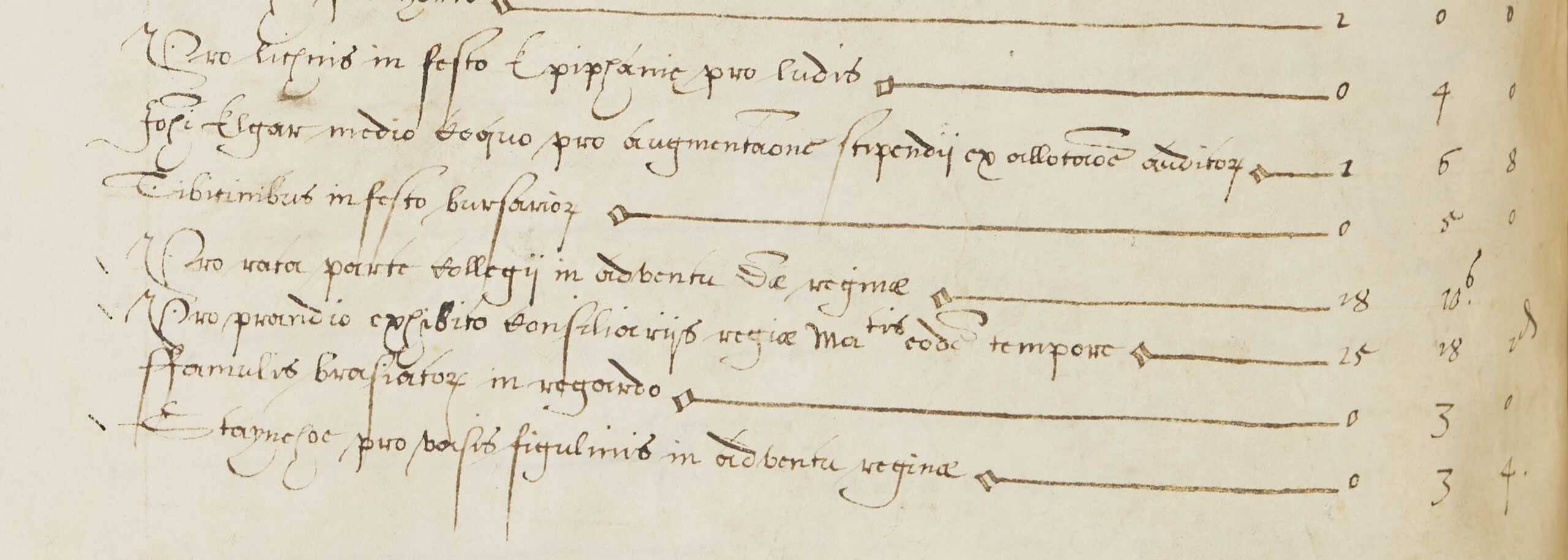 Close-up on page from Magdalen College account book for 1592, showing that one 'Stayno' was paid 3 shillings and 4 pence to make pottery jars for the visit of Queen Elizabeth I.