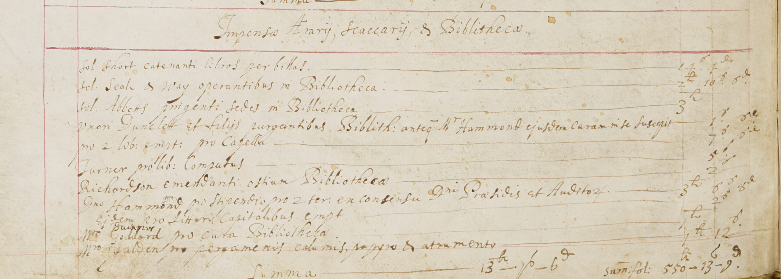 Close-up on page from the Magdalen College account book for 1628, showing that Mrs Dunclett and her sons were paid 1 shilling and 6 pence to clean the library.