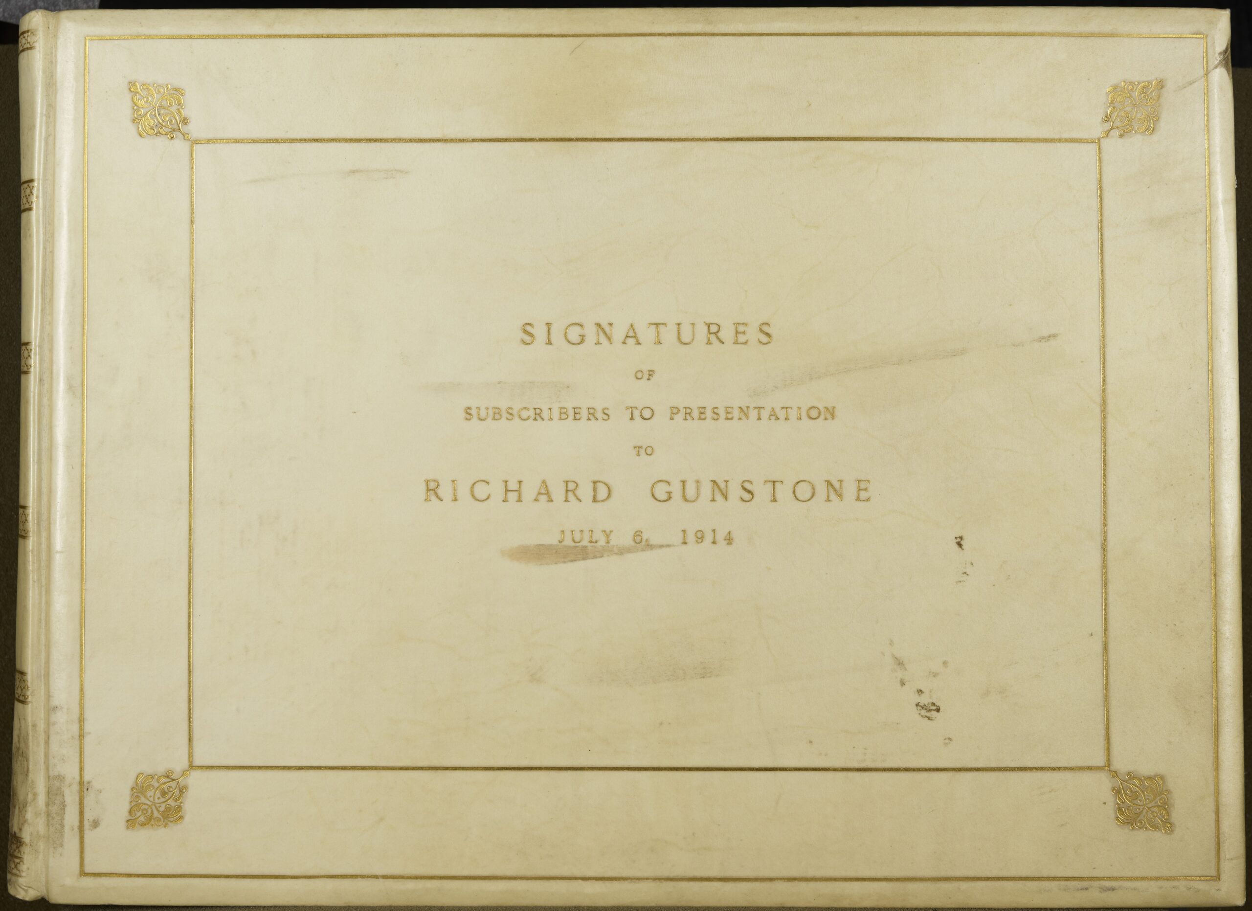 Cover of subscription book for a presentation to Richard Gunstone, Magdalen College JCR Steward, on the occasion of his retirement in 1914.
