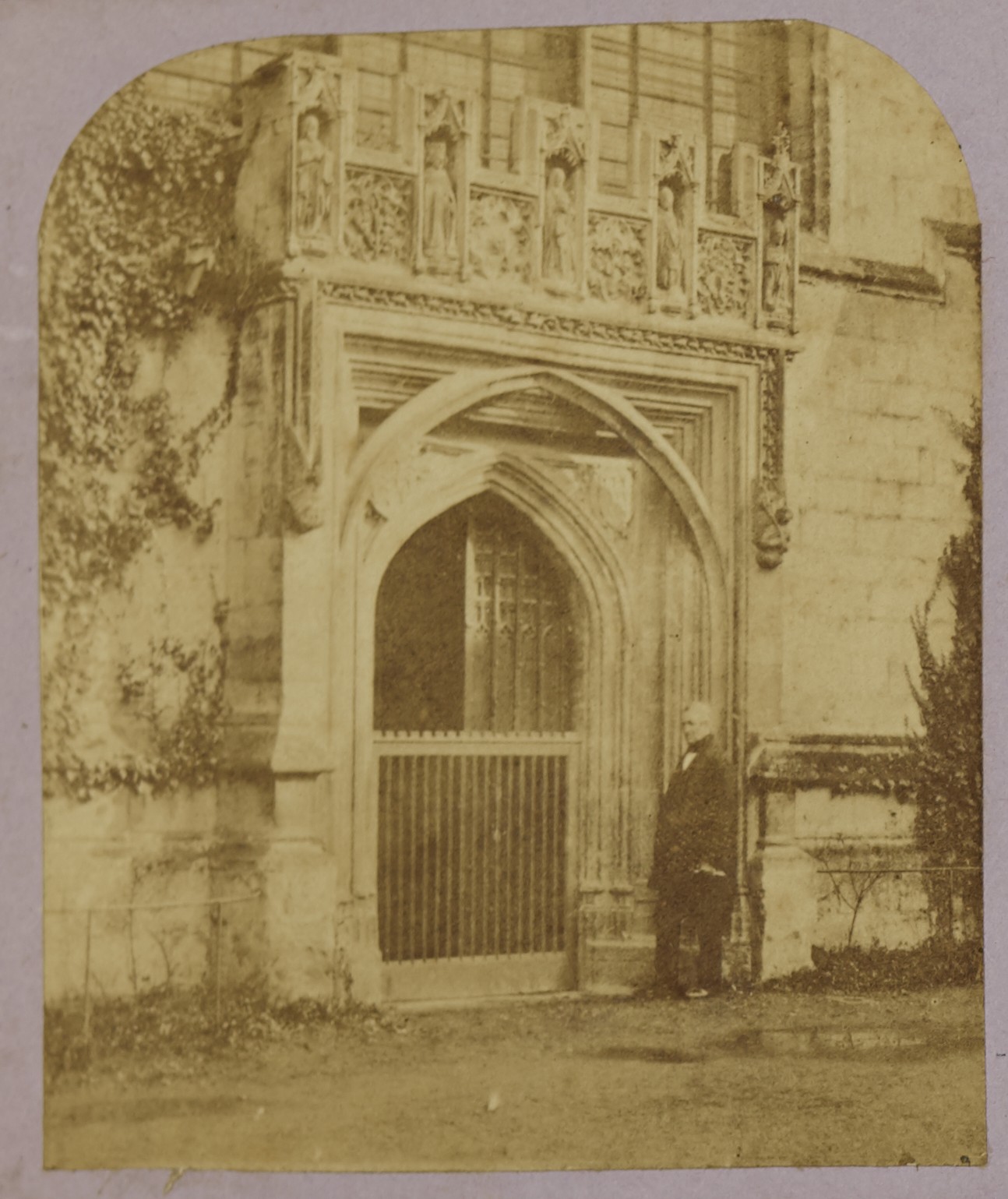 Black-and-white photograph of 'Munday', the Magdalen Chapel porter, 1850s.