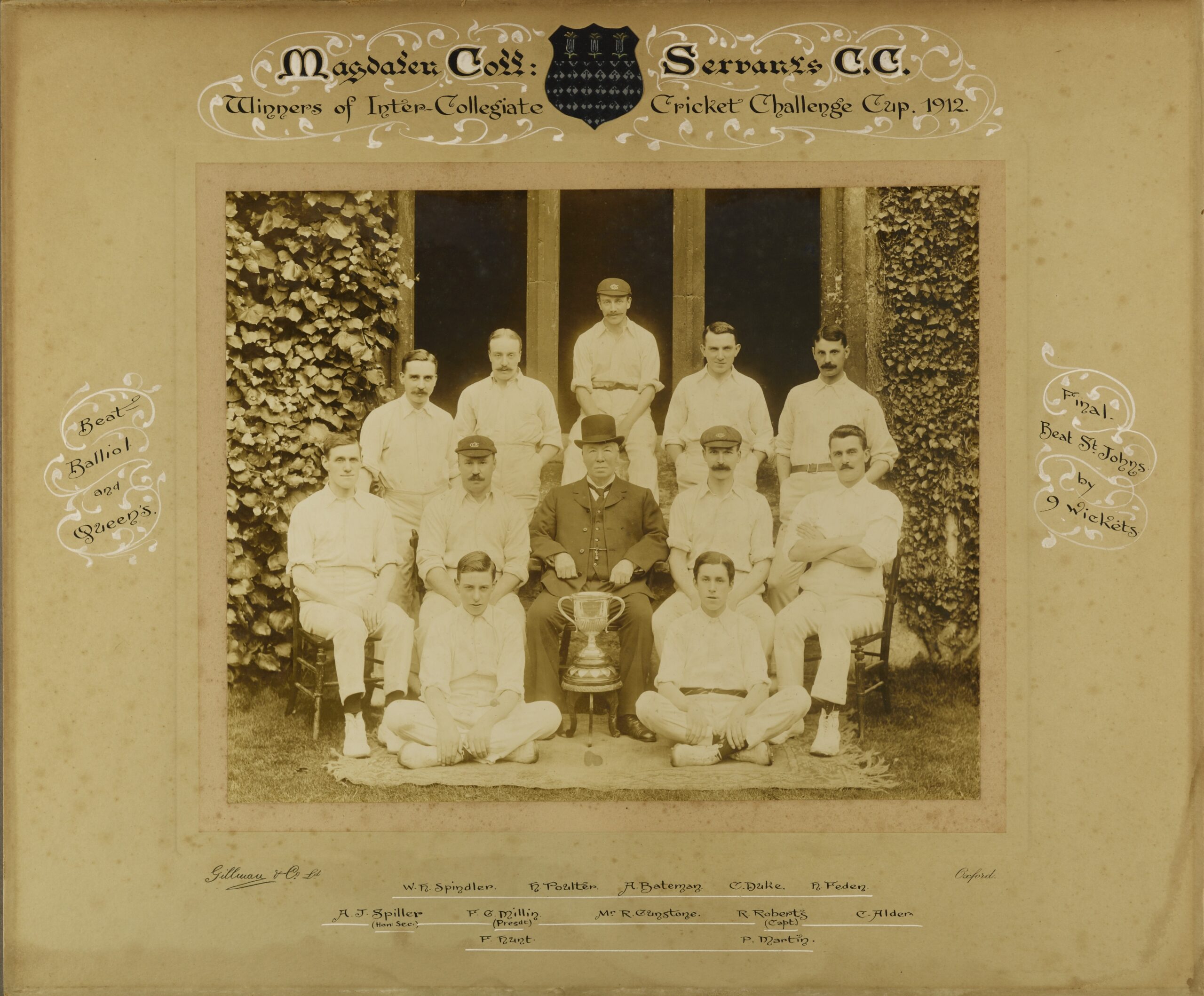 Mounted group photograph of members of the Magdalen College Servants Cricket Club, winners of Inter-Collegiate Cricket Challenge Cup, 1912