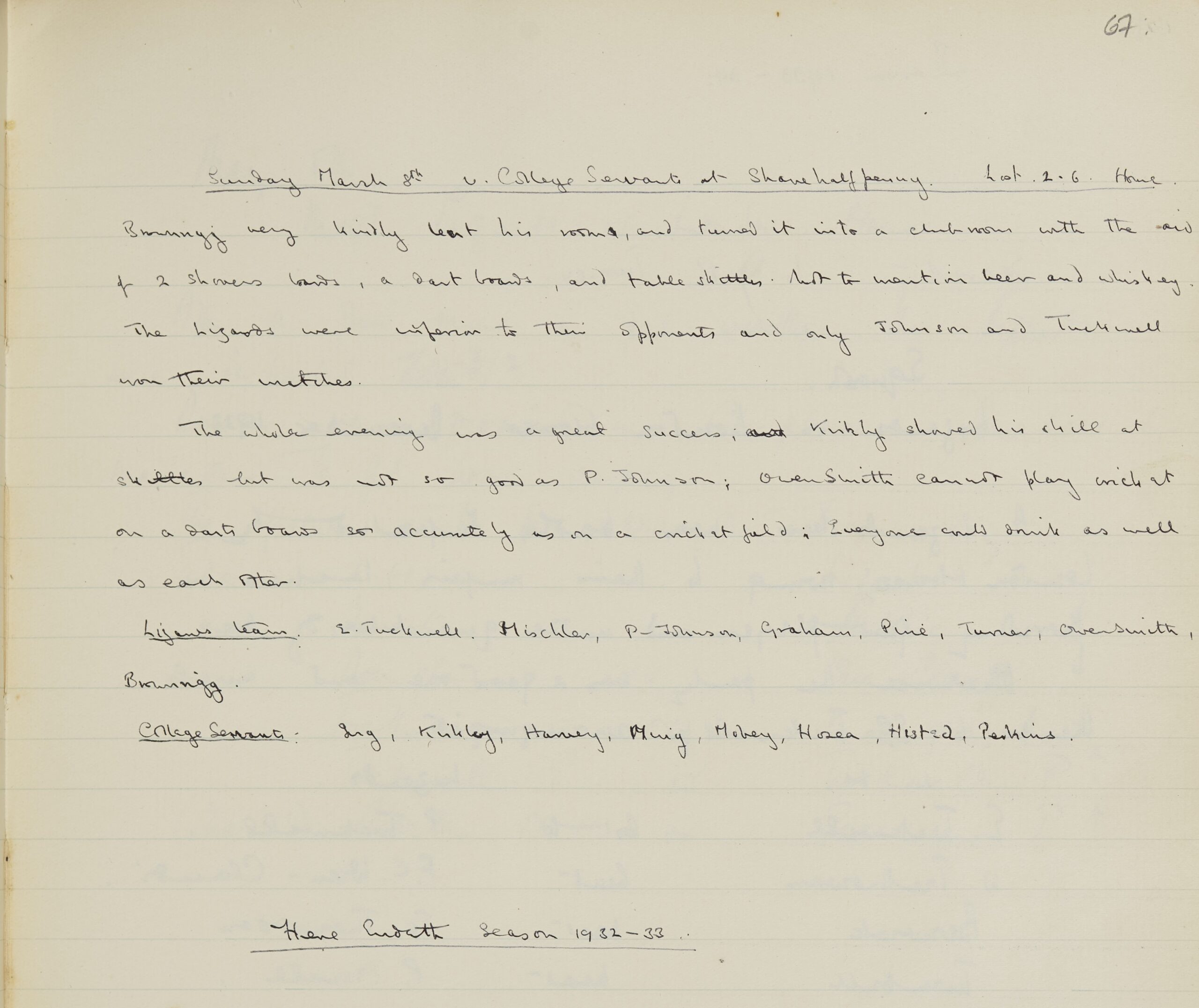 Handwritten page from Magdalen College Lizards Club minute book.