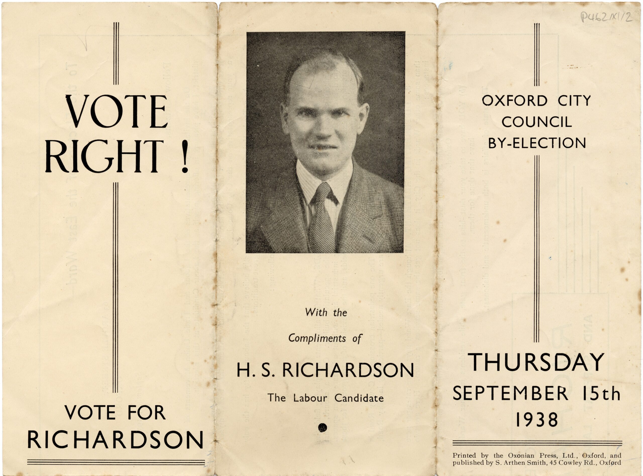 First page of campaign leaflet issued by Horace Stanley Richardson, the Labour candidate for the East Ward in the Oxford City Council by-election of September 1938.