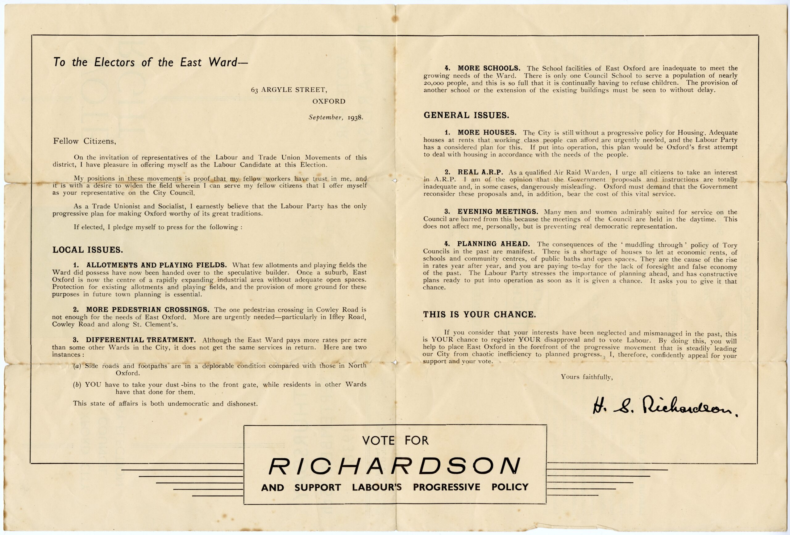 Second page of campaign leaflet issued by Horace Stanley Richardson, the Labour candidate for the East Ward in the Oxford City Council by-election of September 1938.