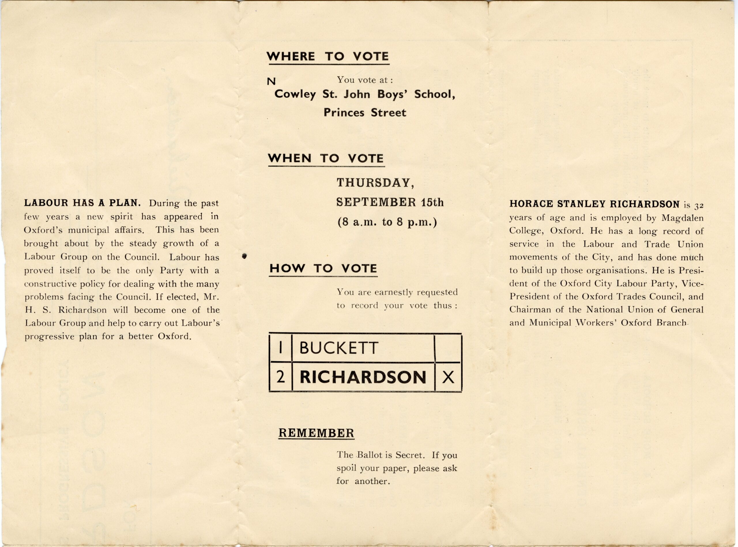 Third page of campaign leaflet issued by Horace Stanley Richardson, the Labour candidate for the East Ward in the Oxford City Council by-election of September 1938.