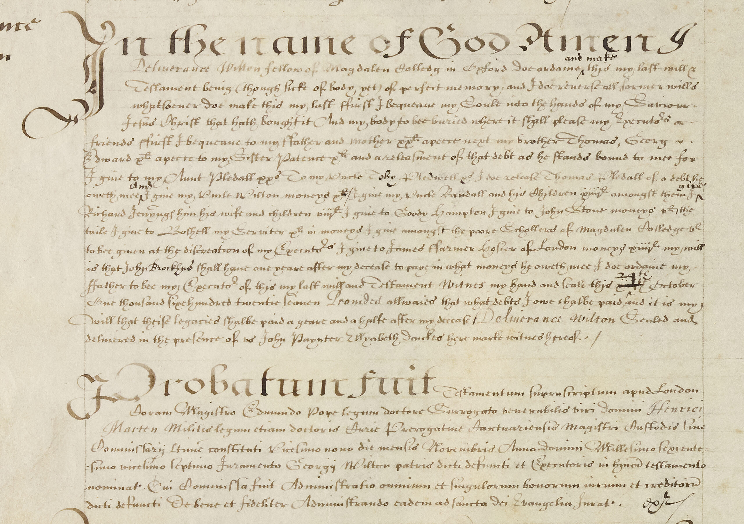 The will of Deliverance Wilton, fellow of Magdalen College, proved 1627.